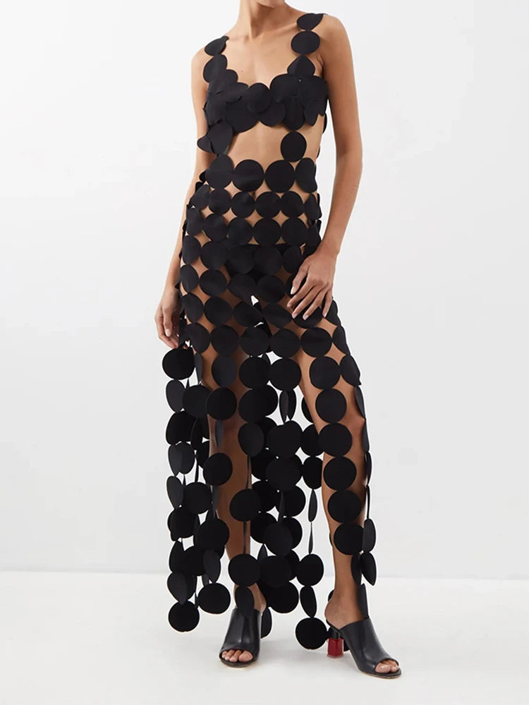 Hollow Out Sexy Square Collar Sleeveless High Waist Dot Dress