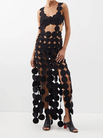 Hollow Out Sexy Square Collar Sleeveless High Waist Dot Dress