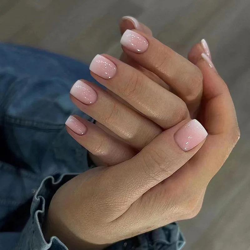 24Pcs Short Square Nude Fake Nails Art White Edge Glossy Artificial French False Nails Removable Full Cover Press on Nail Tips