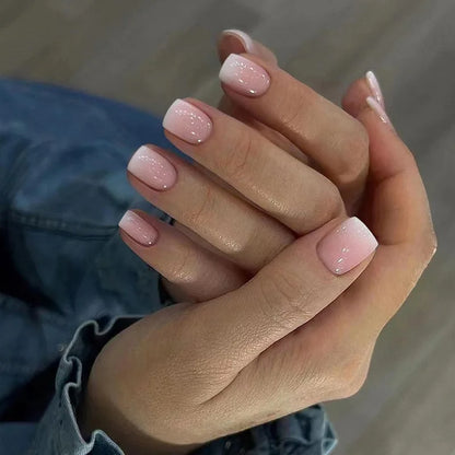 24Pcs Short Square Nude Fake Nails Art White Edge Glossy Artificial French False Nails Removable Full Cover Press on Nail Tips