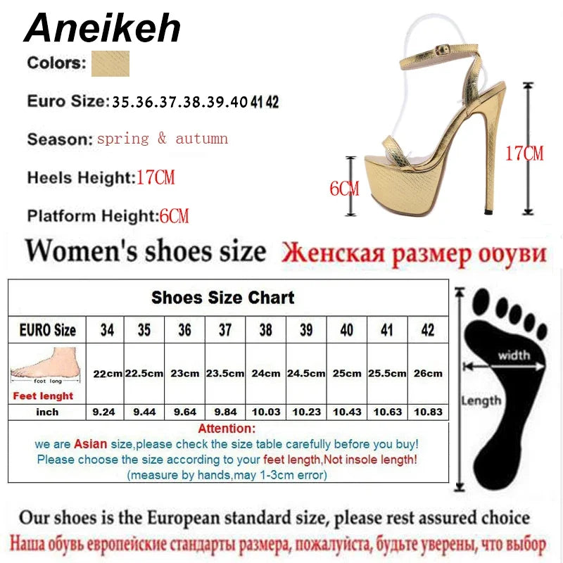 Aneikeh NEW Sexy Sandals Women Bling Golden PU Peep Toe Stripper High Heel Sandals