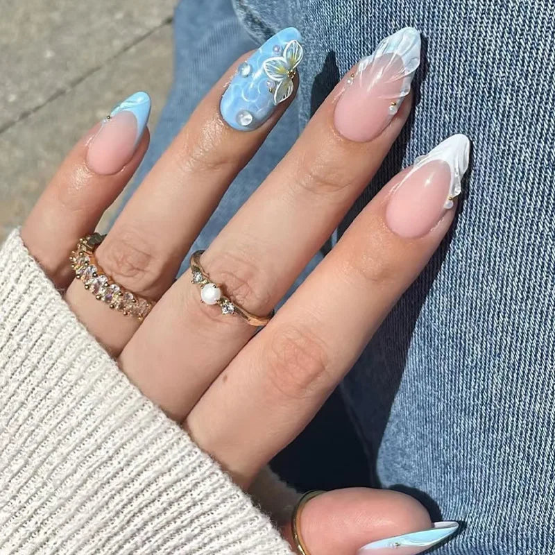 24Pcs Mid-length False Nails with Almond Head Design Brown Gold Lines Fake Nails Oval Wearable French Press on Nail Tips