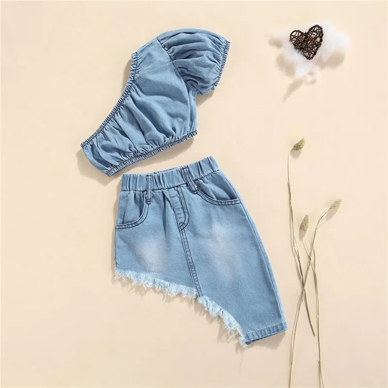 1-5years Girls Summer Denim Clothes Set Solid Blue Short Sleeve Off-Shoulder Cropped Tops Irregular Hem Skirt