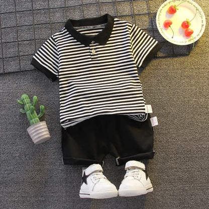 Boys Summer Sets Children Lapel Striped Top Solid Colour Trousers Two-Piece New Baby Fashion Casual Suit 12M-5 Years Old