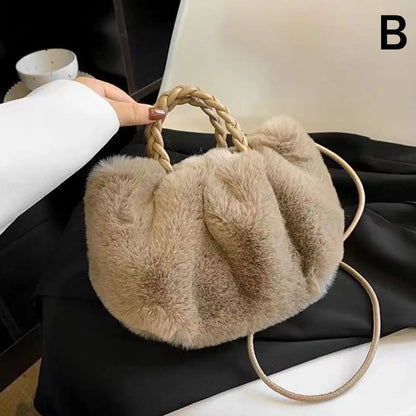 Cute Pumpkin Bag Faux Fur Tote Bag Women's Bucket Plush Luxury Design Ladies Handbags Soft Winter Sweet Girl Handbag