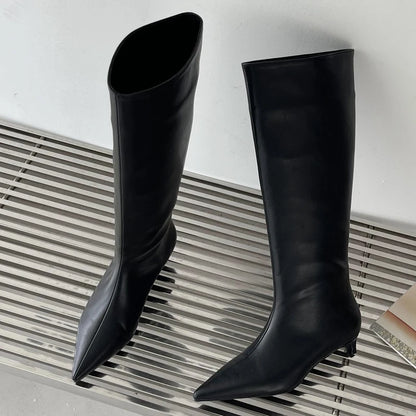 High Quality Soft Leather Pointed Toe Knee-High Boots Woman Cosy Slip-On Low Heels