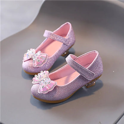 Kids Leather Shoe Sweet Princess Shoes for Girls with Rhinestone Bowtie Fashion Versatile Children's Shoes with Heels for Party