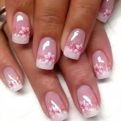 24Pcs Short Square French False Nails with Flower Shiny White Edge Design Pink Glitter Fake Nails Full Cover Press on Nails Tips