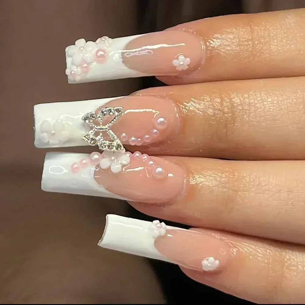 24Pcs White French False Nails Long Ballet Fake Nail with Pearl Bow Flower Design Press on Nails Pink Wearable Square Nails Set