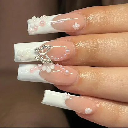 24Pcs White French False Nails Long Ballet Fake Nail with Pearl Bow Flower Design Press on Nails Pink Wearable Square Nails Set