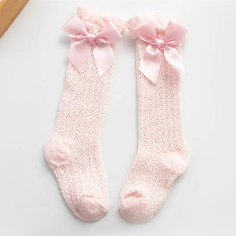1 Pairs For Baby Girls Socks Summer Kids Knee High Long Sock Children Bow Tie Out Cotton Mesh Socks Infant Thin Soft Solid Socks
