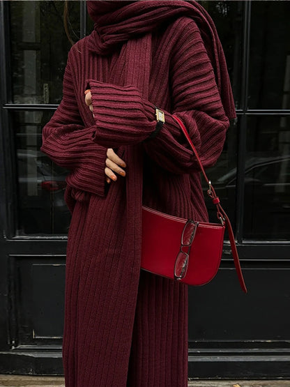 Elegant Burgundy Color Women's Loose Wide Leg Pants Set Chic Scarf Collar V-neck Knitted Sweater Suits Lady Street Knitwear