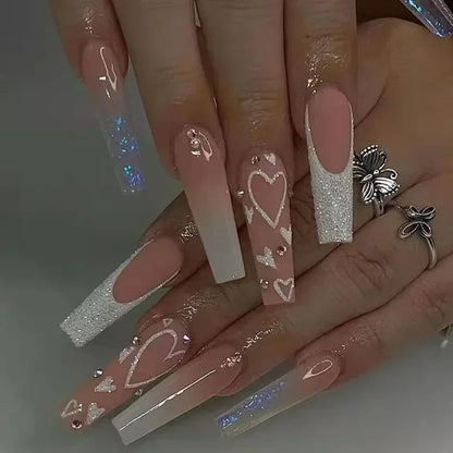 24Pcs White French False Nails Long Ballet Fake Nail with Pearl Bow Flower Design Press on Nails Pink Wearable Square Nails Set