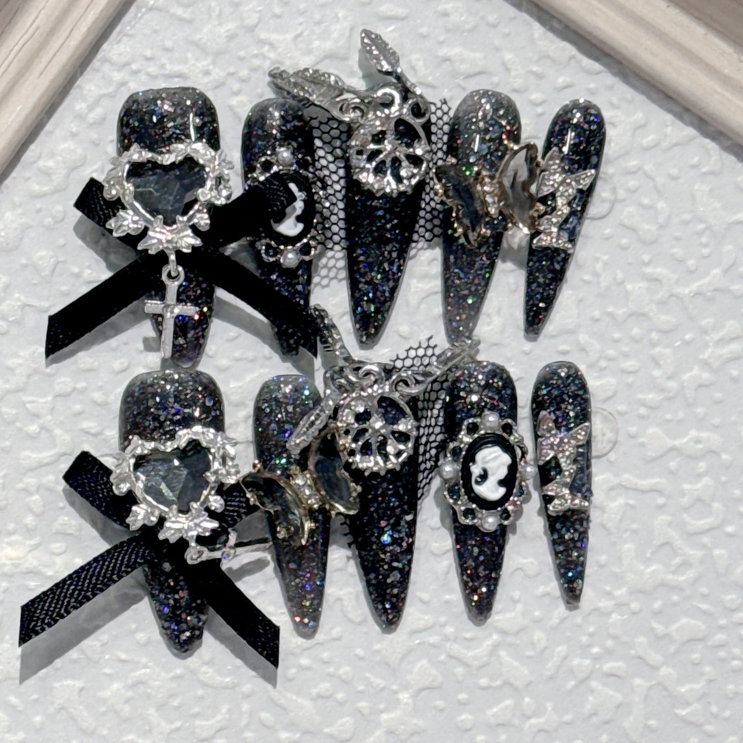 10pcs Long Pointed Press on Nails 3D Black Red Rose Crystal Design