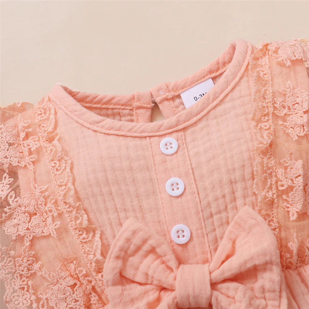 0-18 Months Old Newborn Solid Color Sleeveless Round Neck Lace Edge Bow Romper+Headband Baby Girl Summer New Casual Jumpsuit