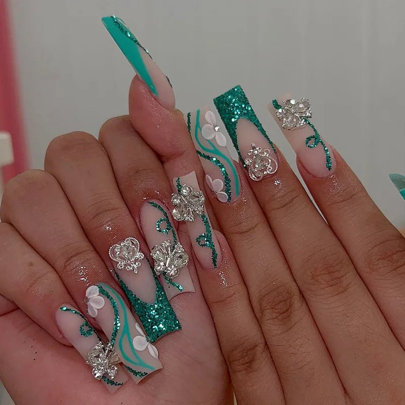 24Pcs Green French Fake Nails with Diamond Gold Butterfly False Nails Elegant Acrylic Artificial Nails Wearable Long Square Nail
