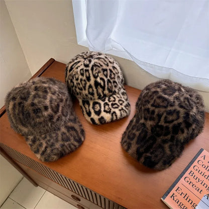 Leopard Print Baseball Cap Women Plush Faux Fur Keep Warm Winter Women's Cap Outdoor Vintage