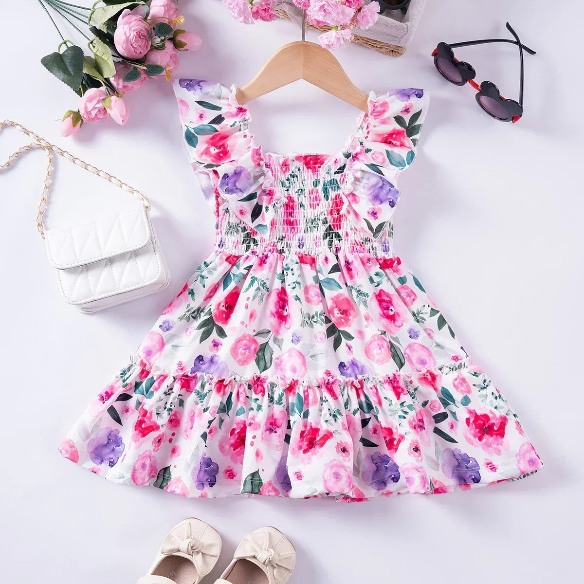 Summer New Kids Dresses for Girls Floral Fly Sleeve Sleeveless Princess Dress Cute Sweet Lovely Fashion Versatile