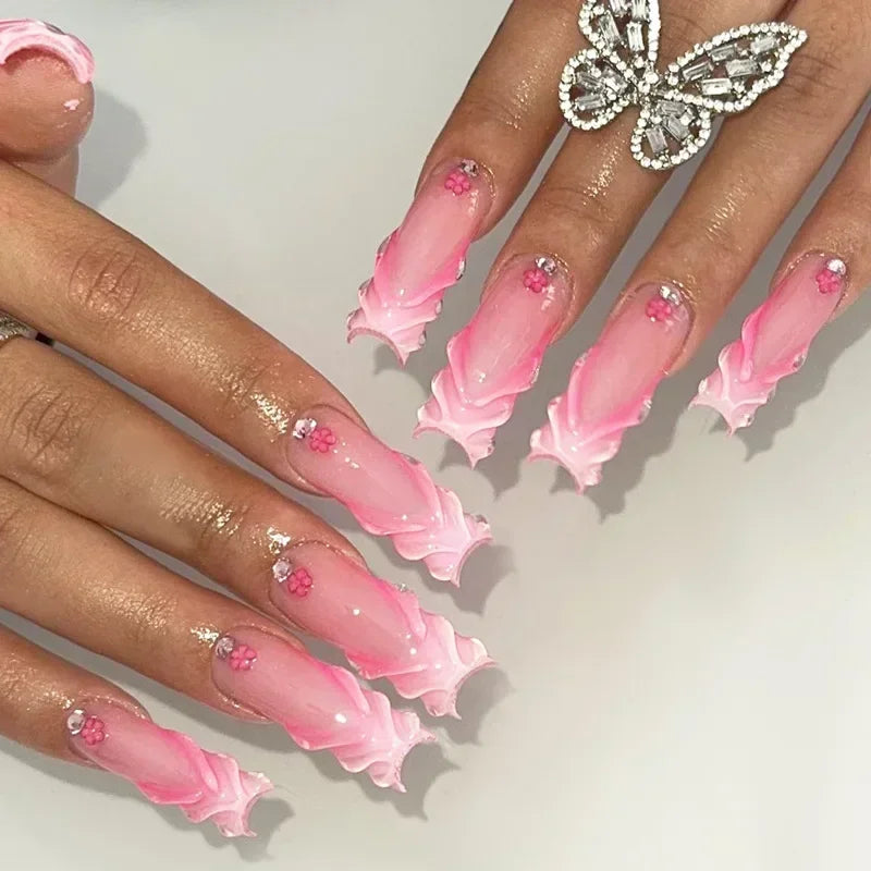 24Pcs Long Ballet Square False Nails Simple French 3d Curve Design Fake Nails Wearable Press on Fake Nails Full Cover Nails Tips