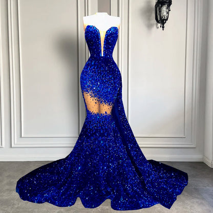 Real Sample Sexy Mermaid Handmade Crystals Royal Blue Sequin Prom Party Gowns
