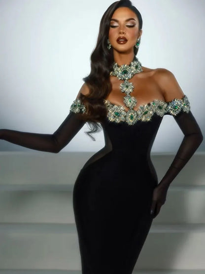 Summer Bandage Dress Women Celebrity Sexy Diamonds Crystal Black Maxi Long Bodycon Elegant Evening Club Party Dress