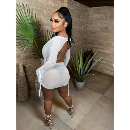 Y2k Backless Deep V Mini Lace Dress Long Sleeve Two Piece