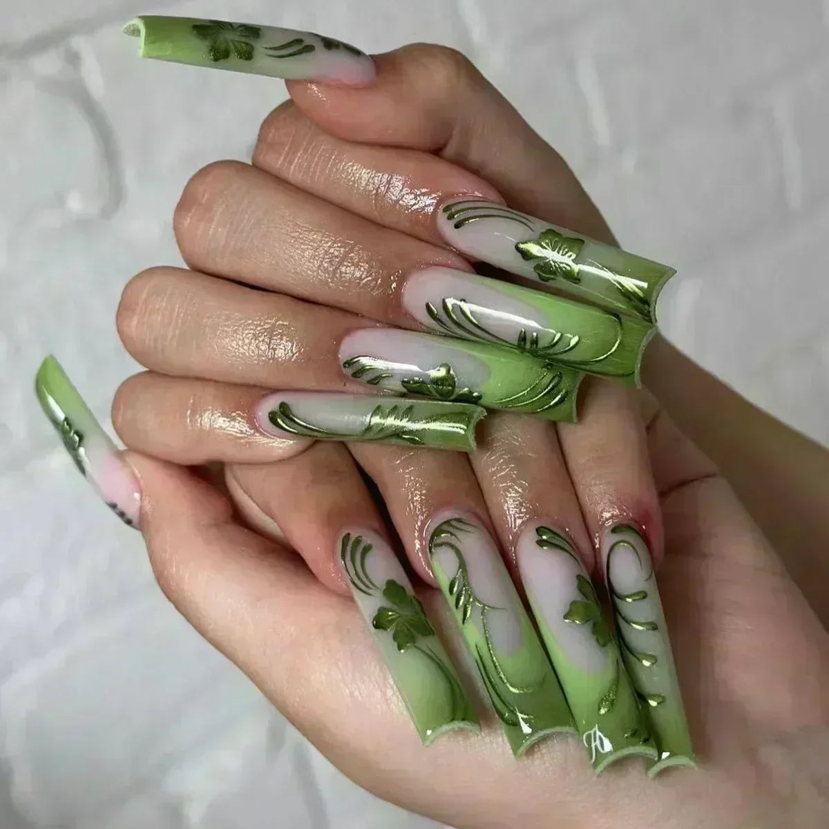 24Pcs Full Cover False Nails with Glue Long Square Coffin Fake Nails French Detachable Ballet Love Pattern Design Press on Nails