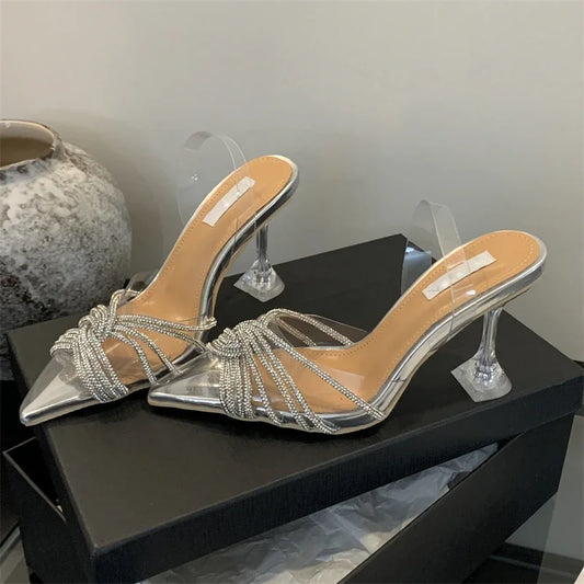 Elegant Silver Slingbacks Women Pumps Fashion CRYSTAL PVC Transparent Pointed Toe Clear High Heels Ladies Shoes