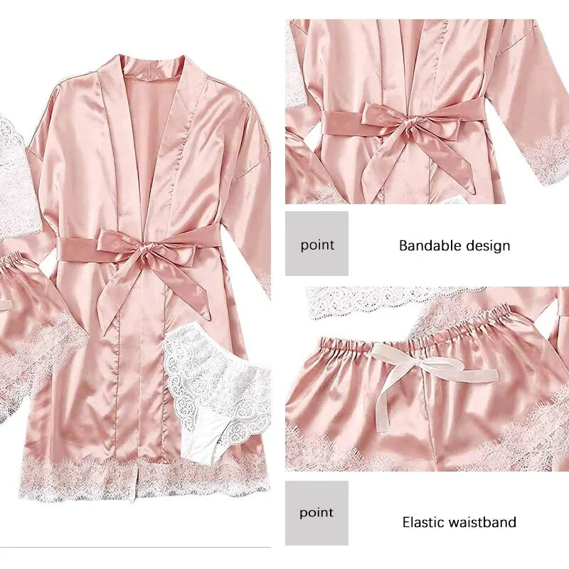 Sexy Pajama Pants Set 4 Pieces Lace Satin With Silk Sleepwear Robe