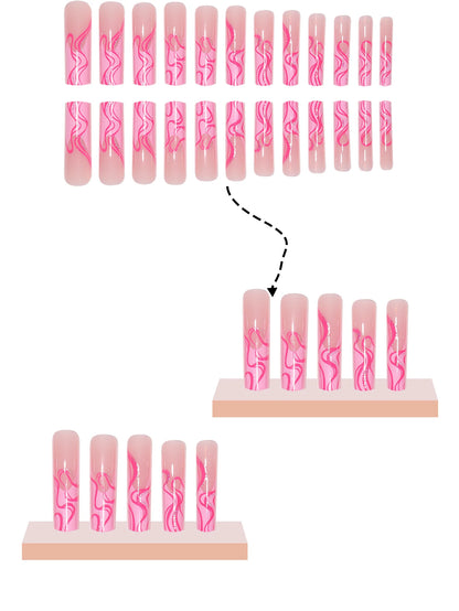 24 Pieces of Extra Long Coffin Shaped French&irregular Lines with Sparkling Pink Gloss Fake Nails&1 Nail File and 1 Jelly Sheet