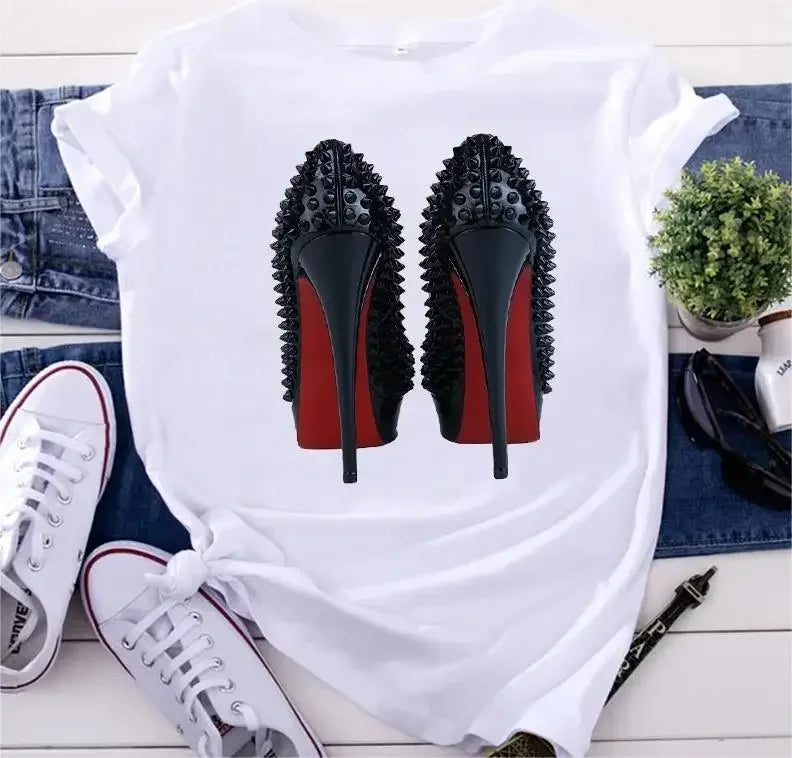 White T Shirt Women Top Casual Tshirt Fashion High Heel Shoes Print Femme Clothing Tshirt Harajuku Short Sleeve Female Tee Shirt