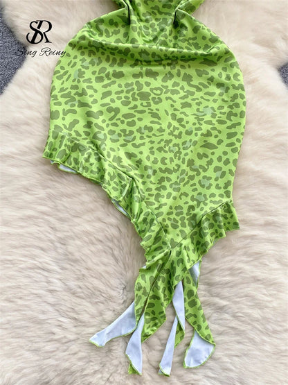 SINGREINY Leopard Irregular Halter Sundress Sleeveless Backless Slim Fit Bodycon Dress