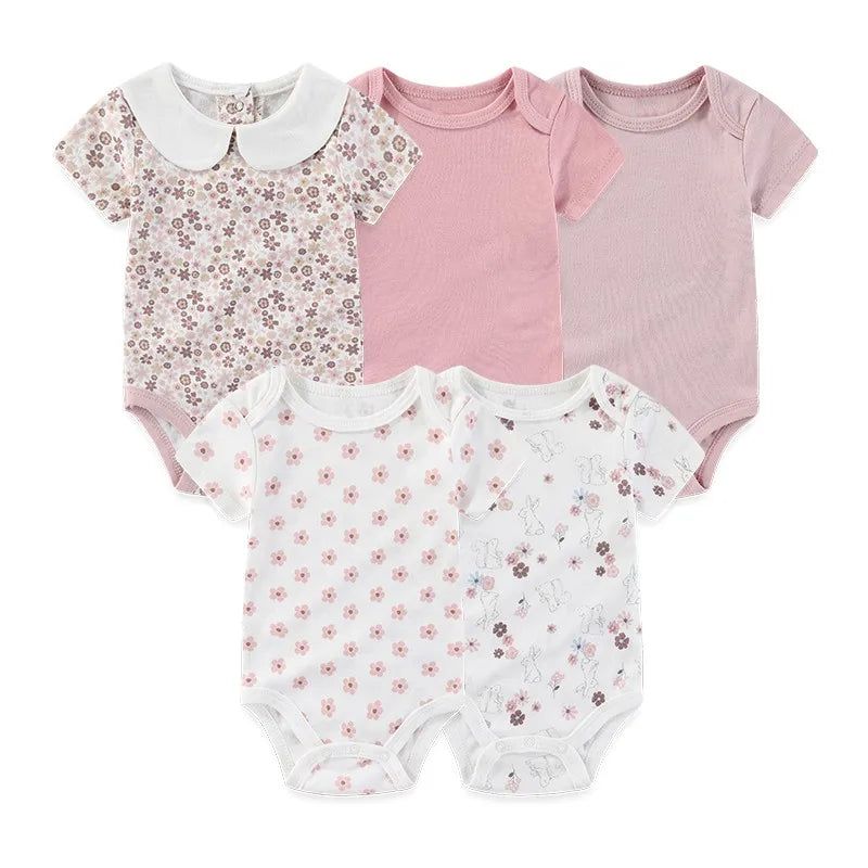 4/5PCS Cotton Bodysuits Print Newborn Baby Girl Clothes Short Sleeve Cartoon Baby Boy Clothes Set Solid Color Summer Bebes