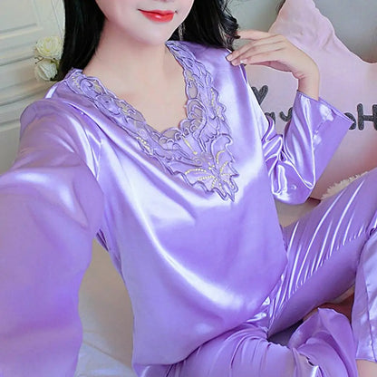 2 Pcs/Set Women Pajamas Set Silky Long Sleeves Spring Nightie Set V Neck Loose Sleeping Lace Women Nightie Set For Bedroom