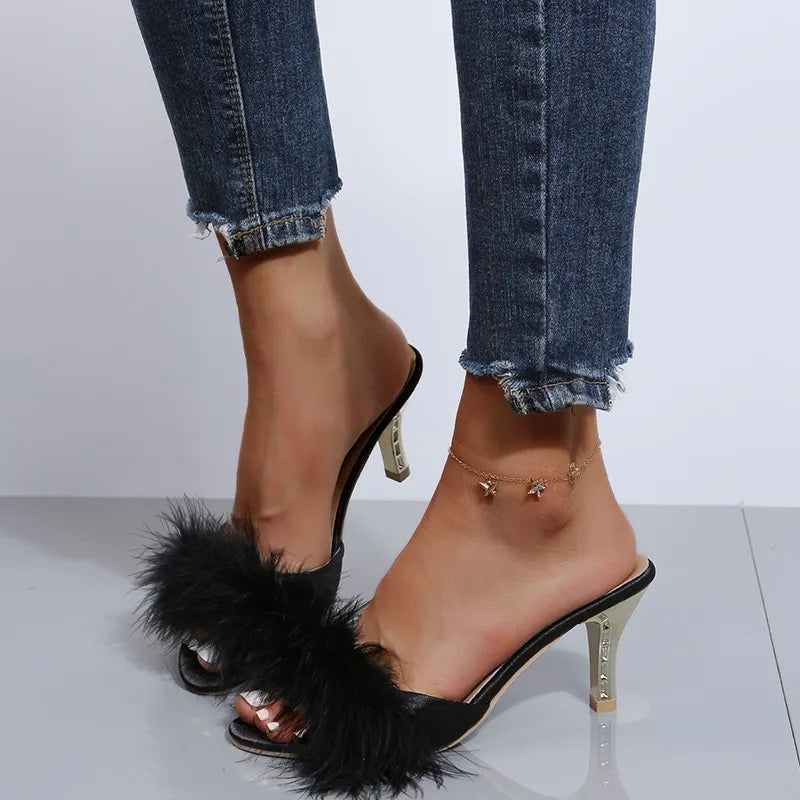 Women Sandals Sexy Open Toe Furry Fur High-Heeled Pumps Ladies