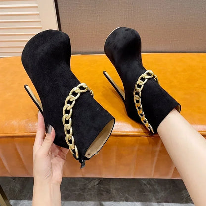 Designer Nightclub Party Round Toe Women Boots Sexy Metal Chain Stiletto High Heels