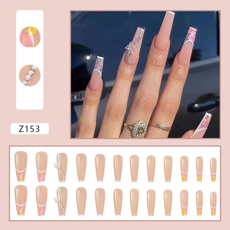 24pcs Artifical Fake Nails Long Coffin French Ballerina Wearable False Nail Tips Finished Rhinstones Flower Design Press on Nail