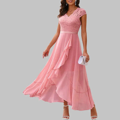 Evening Gowns Women Elegant Fashion Sleeveless Lace Spliced Chiffon Ruffled Irregular Hem Long Dress Summer New Cocktail Dresses