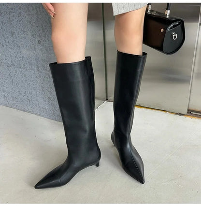 High Quality Soft Leather Pointed Toe Knee-High Boots Woman Cosy Slip-On Low Heels