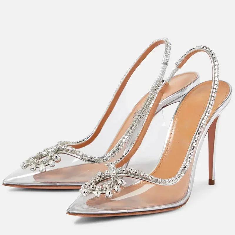 Silver Crystal PVC Transparent Women Pumps Elegant Party Wedding Thin Heels Sandals