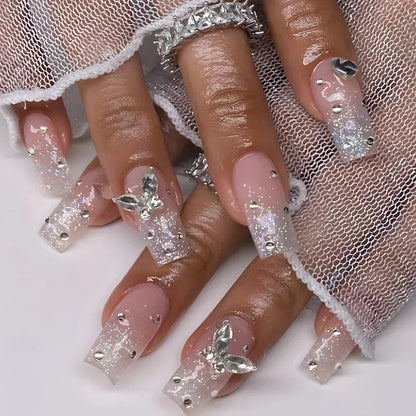 24Pcs Full Cover False Nails with Glue Long Square Coffin Fake Nails French Detachable Ballet Love Pattern Design Press on Nails