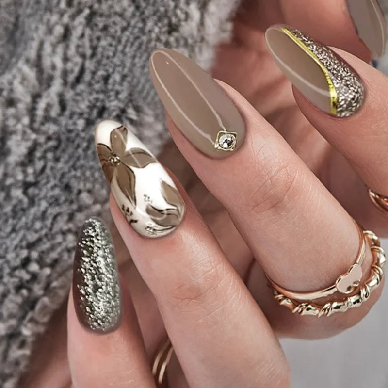 24Pcs Mid-length False Nails with Almond Head Design Brown Gold Lines Fake Nails Oval Wearable French Press on Nail Tips