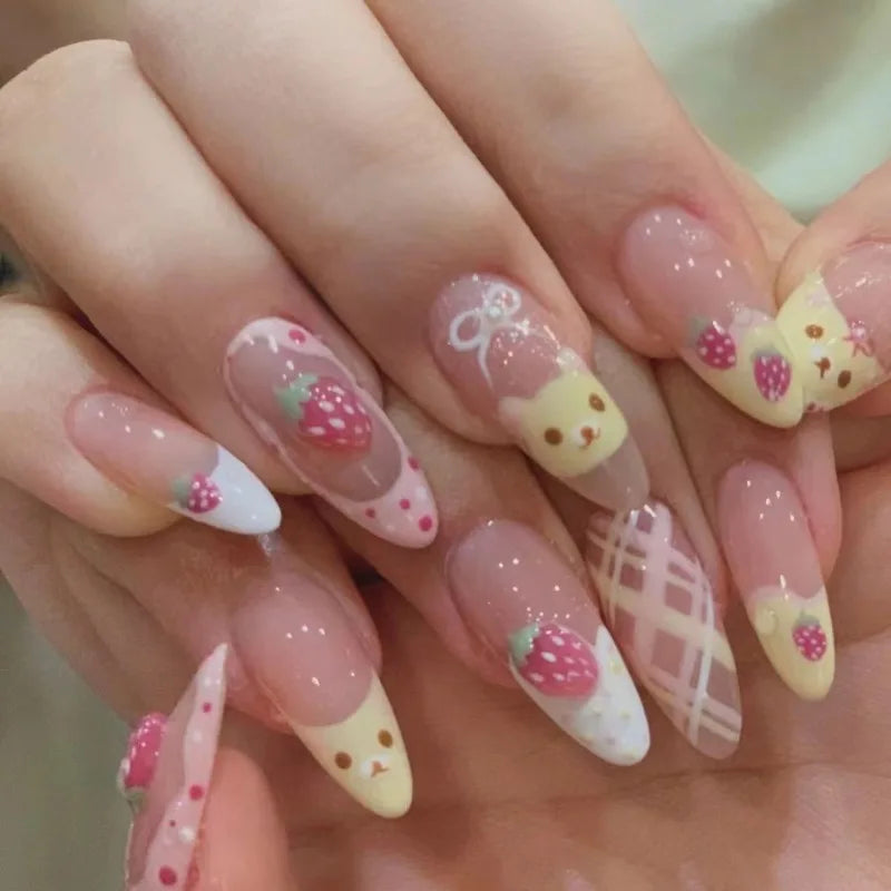10Pcs Almond Press on Nails with Pink Strawberry Bear Design Acrylic