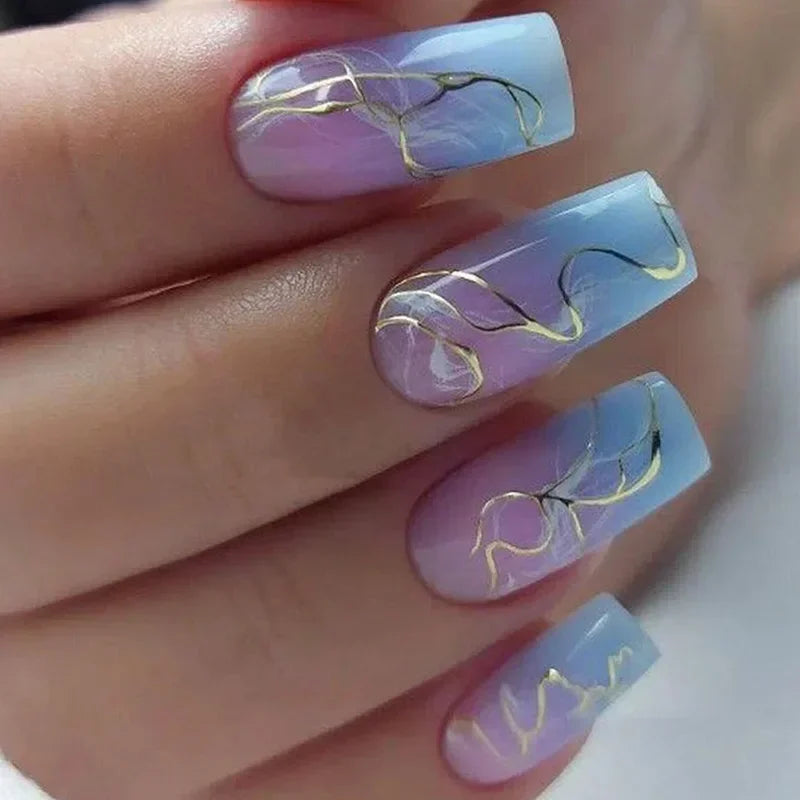 24Pcs Simple Blue French Fake Nails with Diamond Love Pattern Design False Nails Press on Mid-length Ballet Full Cover Nail Tips