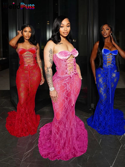 Weird Puss Sexy Party Dress Women Mesh Patchwork Strapless Shirring Hollow Coquette Banquet Elegant Summer Trend Maxi Bodycon