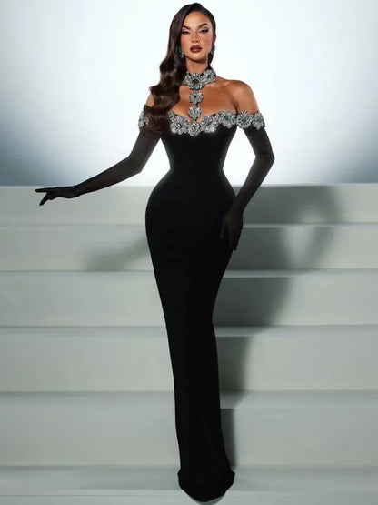 Summer Bandage Dress Women Celebrity Sexy Diamonds Crystal Black Maxi Long Bodycon Elegant Evening Club Party Dress