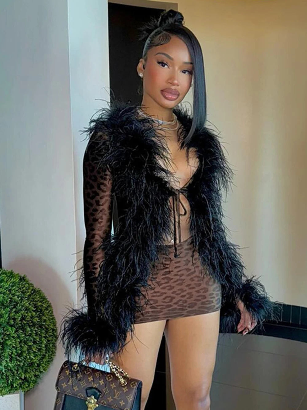 Weird Puss Leopard Print 2 Piece Set Sexy Women Y2k Furry Neck Cardigan Tops+Mini Skirts Midnight Club Vacation Matching Suits