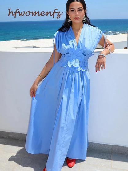 3D Flower Pleated Long Maxi Dress