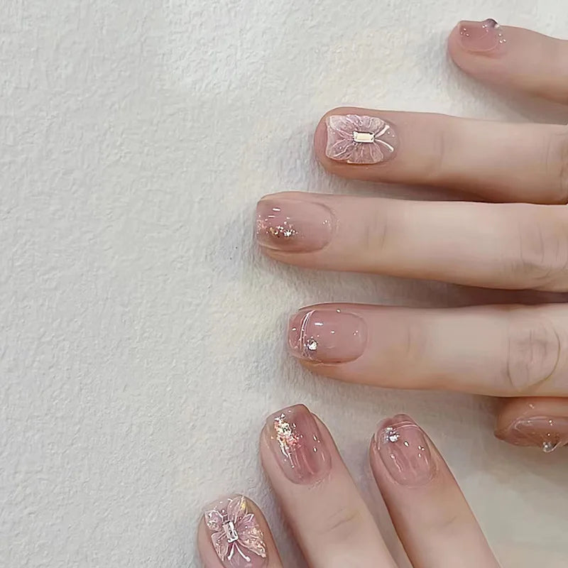 24Pcs Wearable French Fake Nails with Glue Simple Square False Nail Pink Short Detachable Press on Nail Tips Nude Manicure