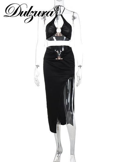 2 Piece Sets Lace Up Sleeveless Backless Crop Top High Waist Side Slit Midi